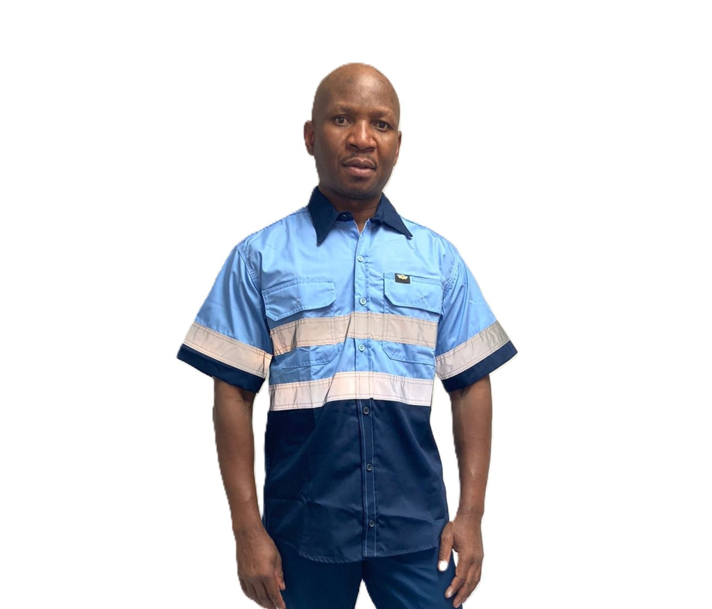 Vulcan Premium Hi viz Mining S/S Shirt Vented- Sky Blu/Nvy