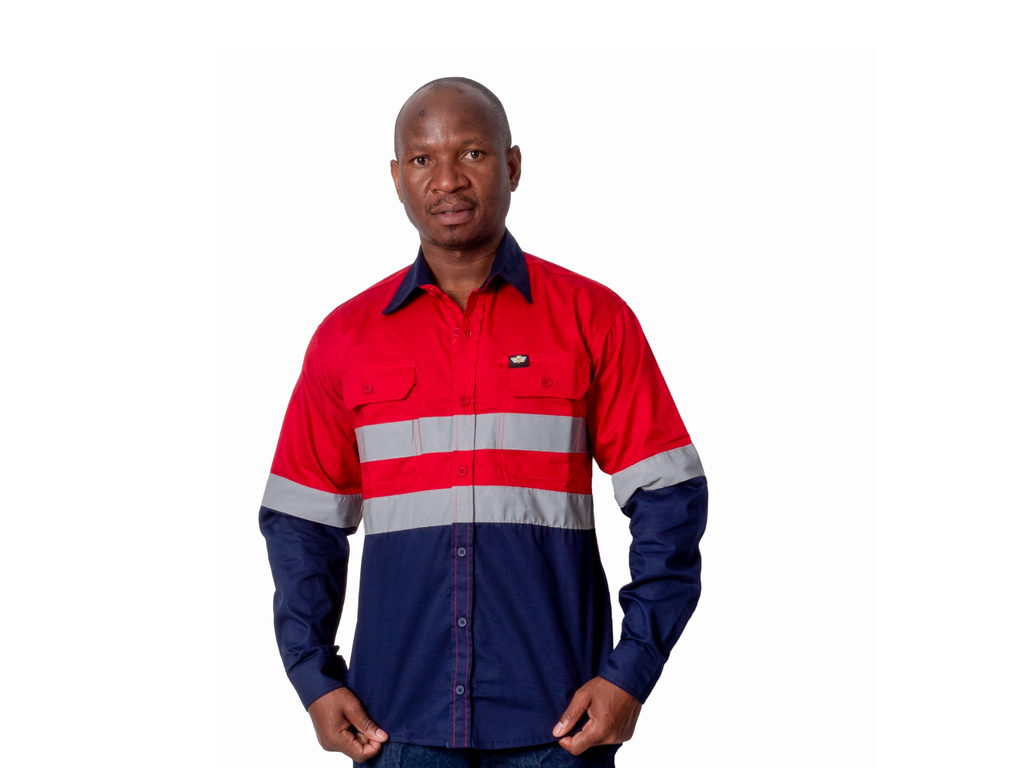 Vulcan Premium Hi viz Mining L/S Shirt Vented-Red/Nvy