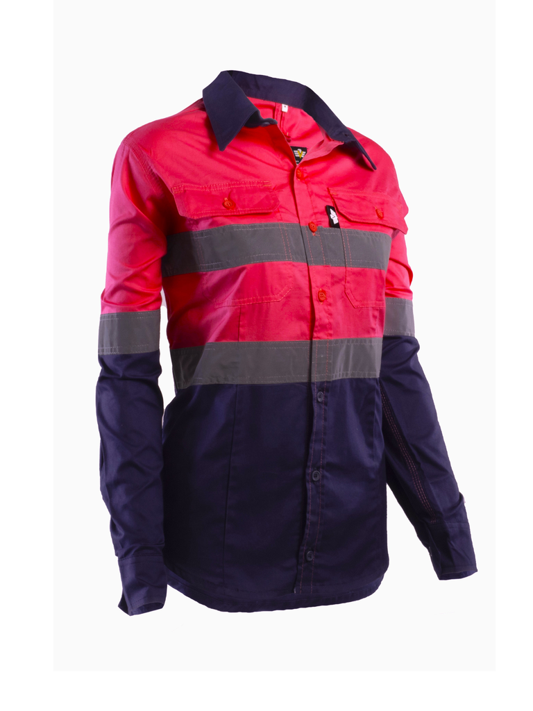 Vulcan Ladies Hi Viz 100% Cotton Vented Workshirt-Pink/Navy